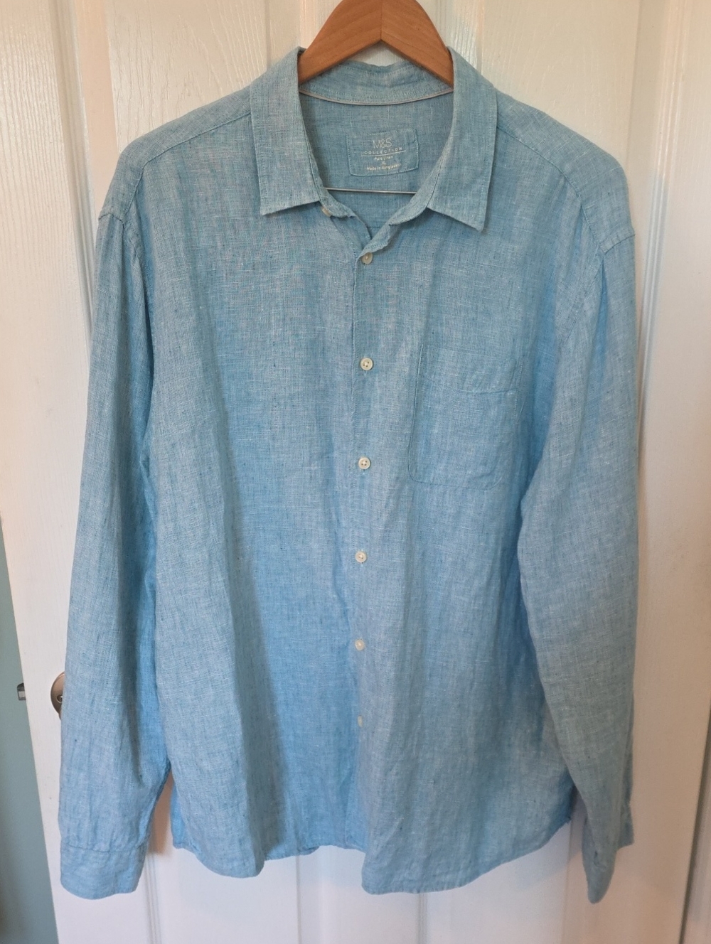 M&S Marks & Spencer Men's XL Pure Flax Linen Long Sleeve Button Down Shirt Blue